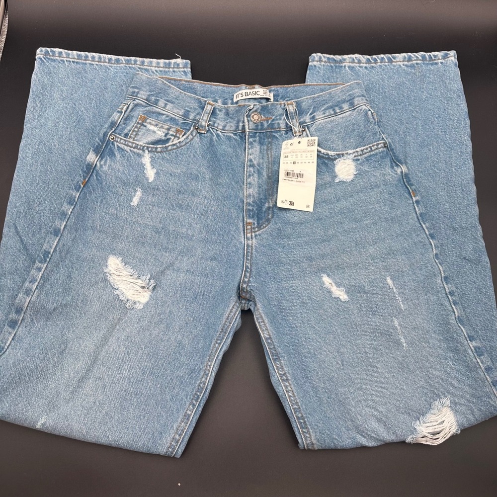 ITS BASIC Womens Light Wash Distressed Straight Leg Jeans EU 28 US 6